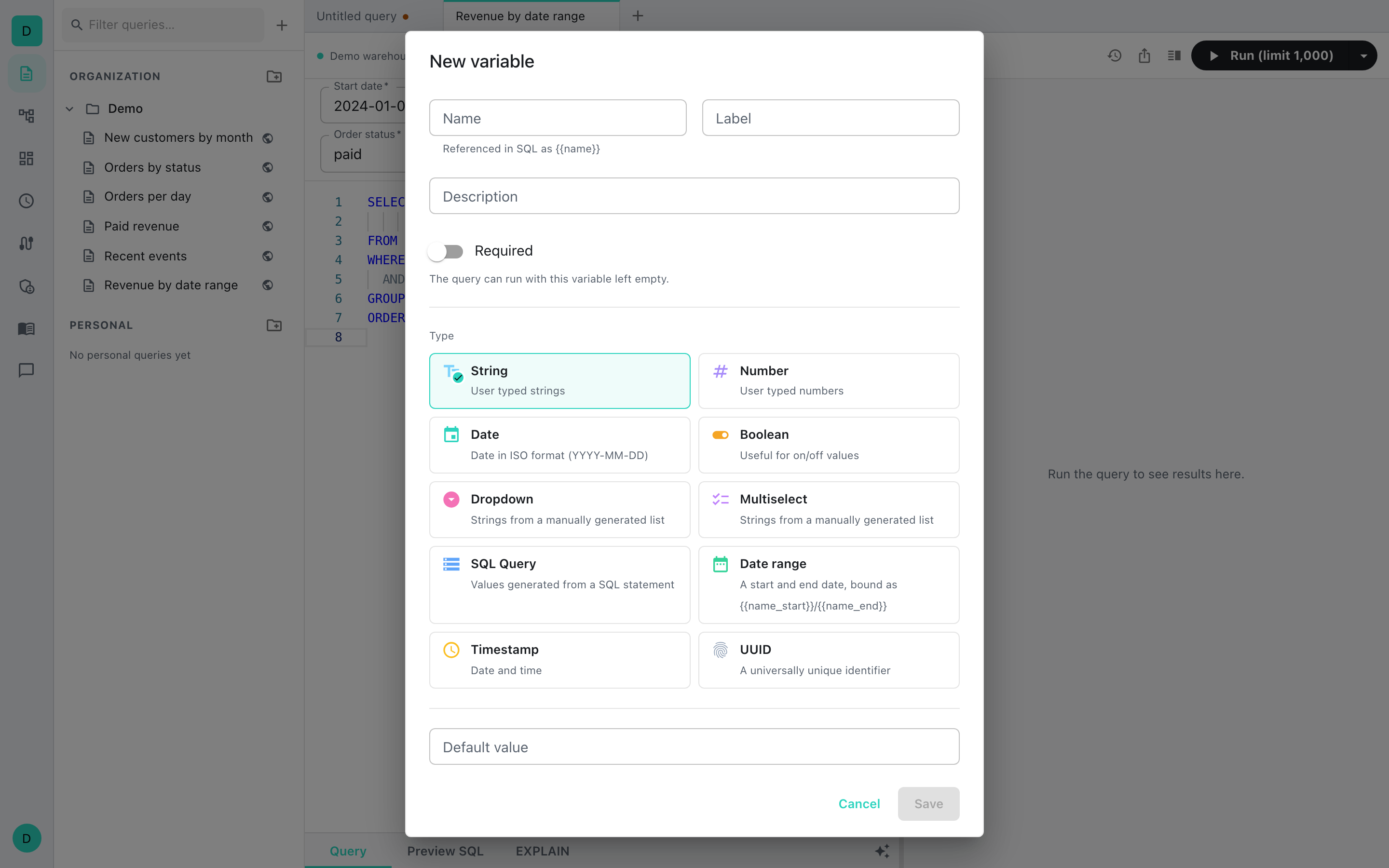 The New variable dialog showing all ten variable types