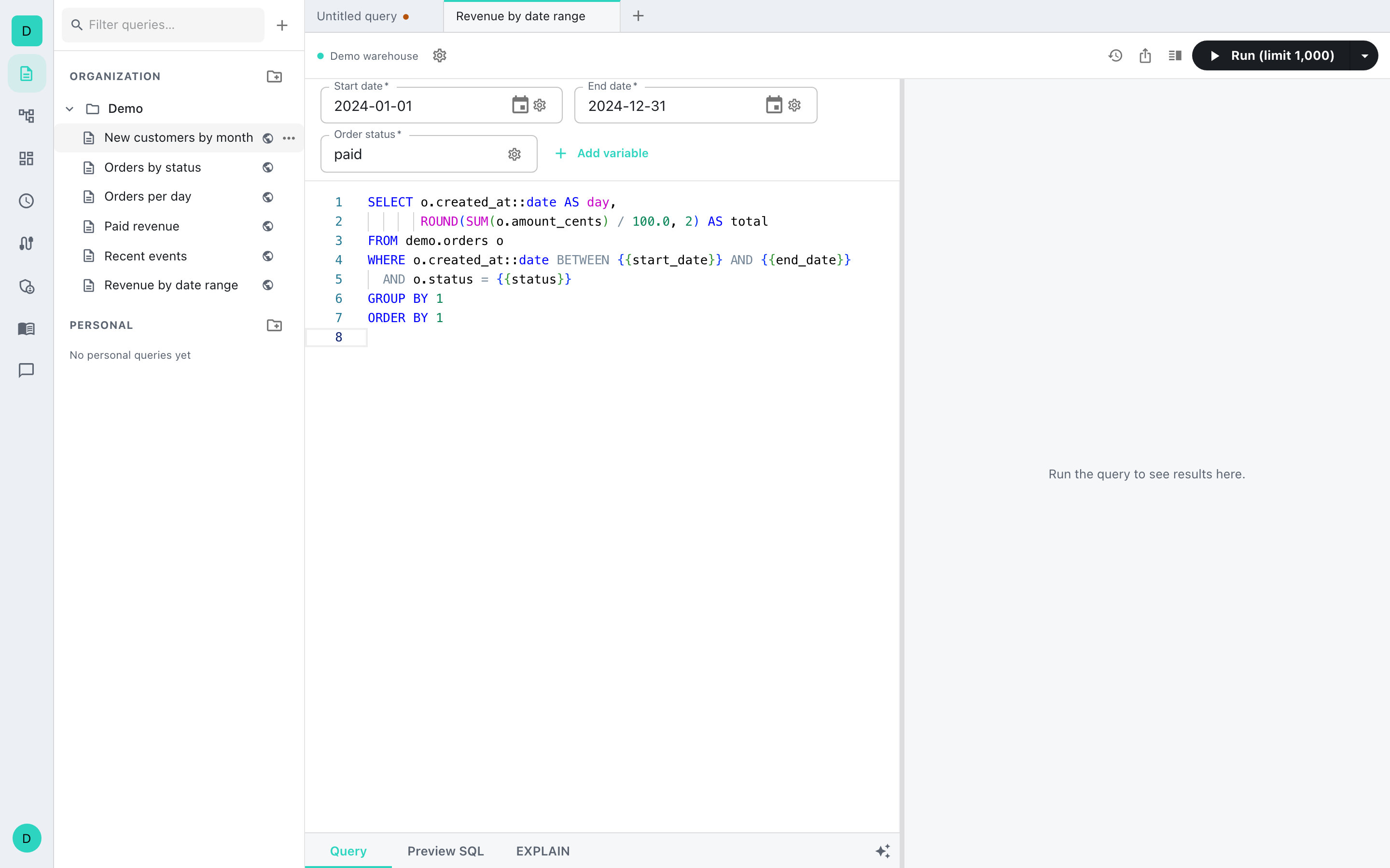 A query open with its variables bar above the editor